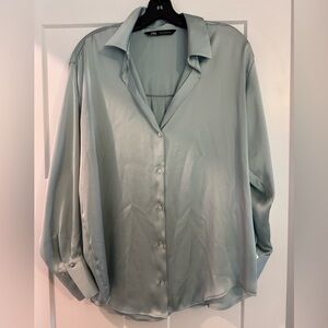 Zara Women's Satin Button Down Shirt - Soft Green